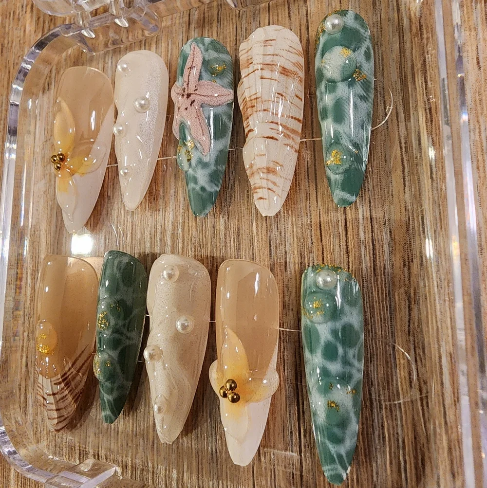 Beach-Themed with Starfish and Pearls Almond Stiletto Press On Nails - Medium